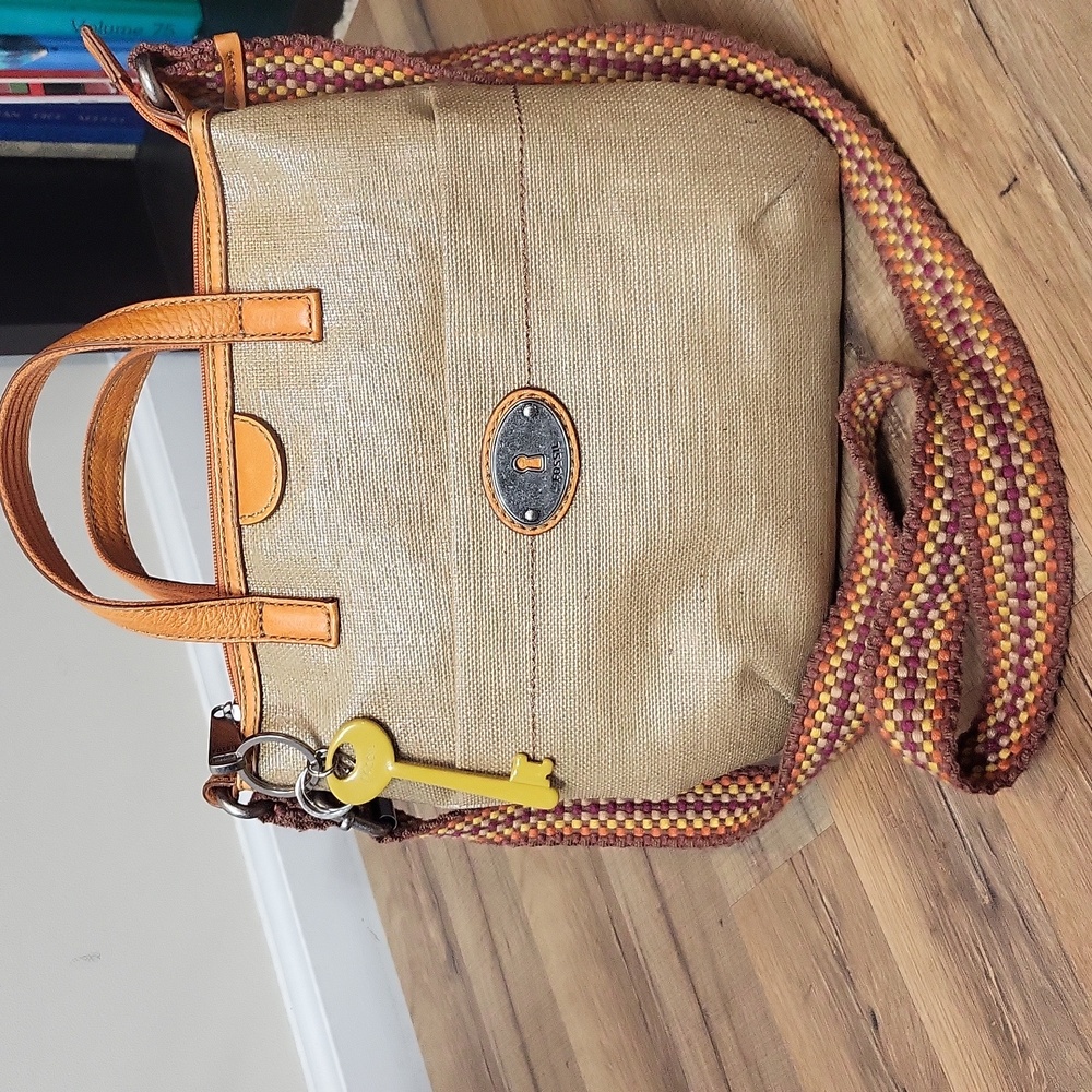 FOSSIL Orange Tan Key-Per Multicolored Strap Crossbody Leather Trim Bag